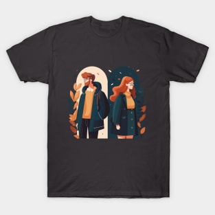 Illustration of red haired couple standing back to back on grey background T-Shirt